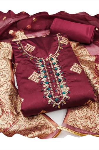 Handcrafted glamorous maroon colour art silk salwar kameez for graceful graceful party looks in trendy style