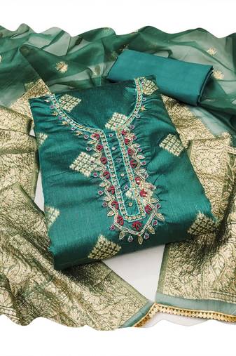 Handcrafted glamorous green colour art silk salwar kameez for graceful graceful party looks in trendy style