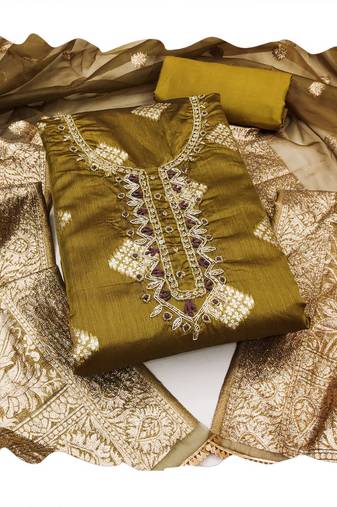 Handcrafted glamorous mustard colour art silk salwar kameez for graceful graceful party looks in trendy style