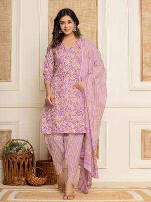  lavander floral print cotton straight style kurta and dhoti pants with dupatta set 1