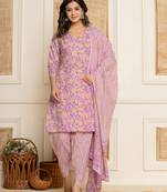  lavander floral print cotton straight style kurta and dhoti pants with dupatta set