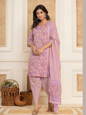  lavander floral print cotton straight style kurta and dhoti pants with dupatta set 2