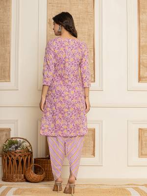  lavander floral print cotton straight style kurta and dhoti pants with dupatta set 3