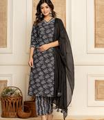  black floral print cotton straight kurta and trousers with dupatta set