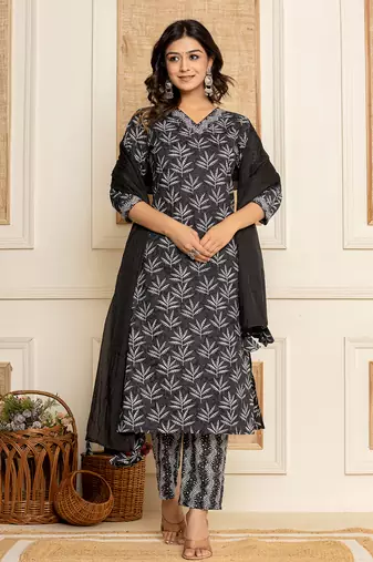  black floral print cotton straight kurta and trousers with dupatta set