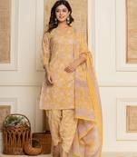  yellow floral print cotton straight style kurta and dhoti pants with dupatta set
