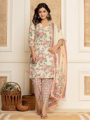  cream floral print cotton straight style kurta and dhoti pants with dupatta set 1