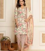  cream floral print cotton straight style kurta and dhoti pants with dupatta set