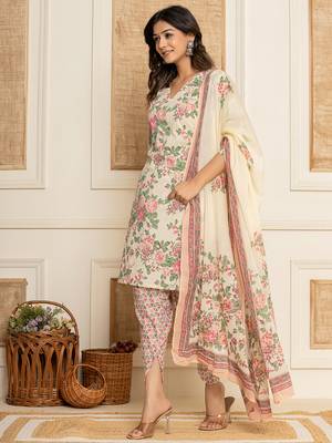  cream floral print cotton straight style kurta and dhoti pants with dupatta set 2