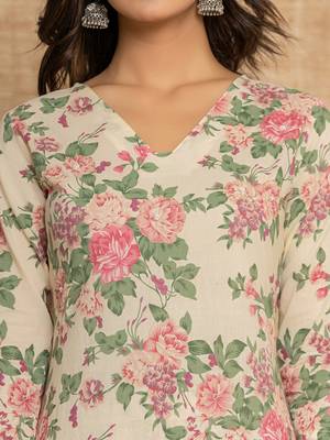  cream floral print cotton straight style kurta and dhoti pants with dupatta set 4