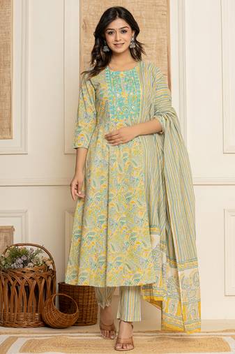  mustard thread work cotton anarkali kurta and trousers with dupatta set