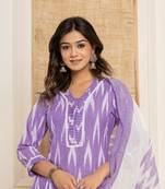  purple ikat print straight strappy kurta trouser and dupatta set
