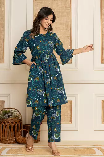 Multicolor Cotton Floral Printed Kurta Pant Set