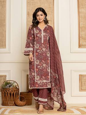  maroon floral print cotton straight style kurta and trouser with dupatta 1