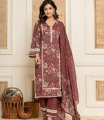  maroon floral print cotton straight style kurta and trouser with dupatta
