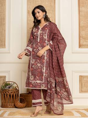  maroon floral print cotton straight style kurta and trouser with dupatta 2