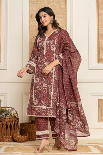  maroon floral print cotton straight style kurta and trouser with dupatta