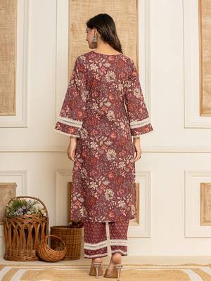  maroon floral print cotton straight style kurta and trouser with dupatta 3