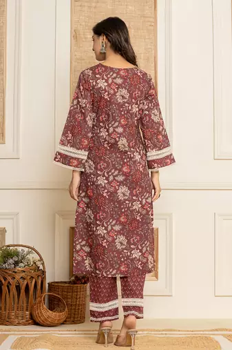  maroon floral print cotton straight style kurta and trouser with dupatta