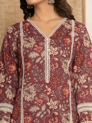  maroon floral print cotton straight style kurta and trouser with dupatta 4
