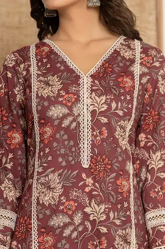  maroon floral print cotton straight style kurta and trouser with dupatta