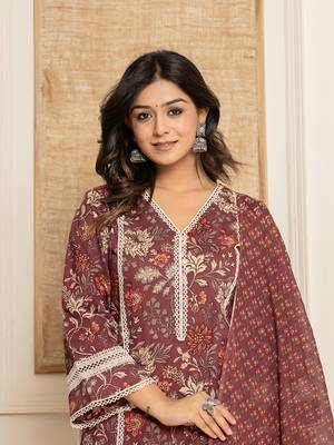  maroon floral print cotton straight style kurta and trouser with dupatta 5