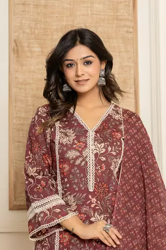  maroon floral print cotton straight style kurta and trouser with dupatta