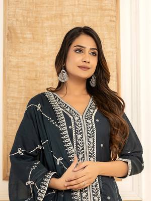  navy blue cotton embroidered kurta set with dupatta 1