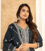  navy blue cotton embroidered kurta set with dupatta