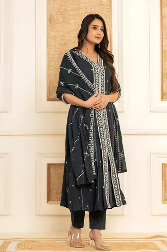  navy blue cotton embroidered kurta set with dupatta