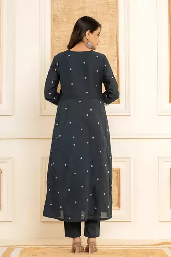  navy blue cotton embroidered kurta set with dupatta