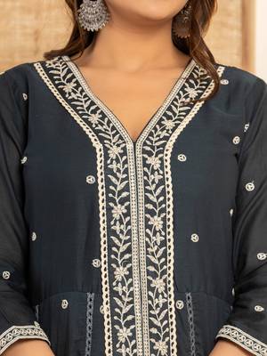  navy blue cotton embroidered kurta set with dupatta 4