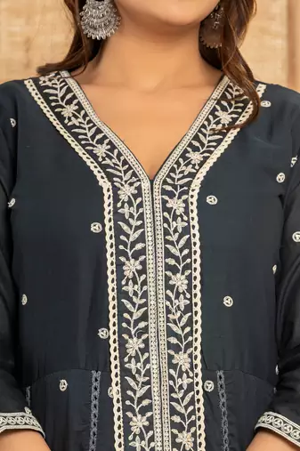  navy blue cotton embroidered kurta set with dupatta