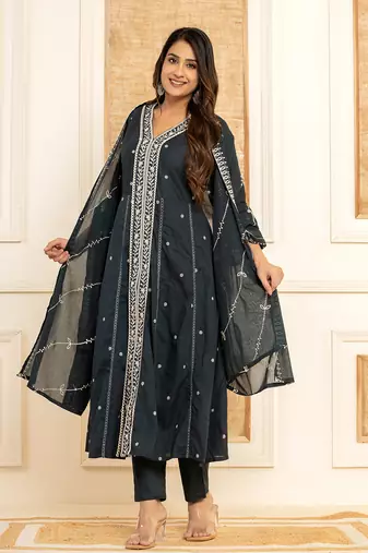  navy blue cotton embroidered kurta set with dupatta
