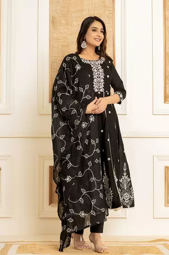  black cotton embroidered kurta set with dupatta set
