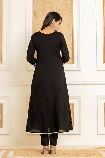  black cotton embroidered kurta set with dupatta set