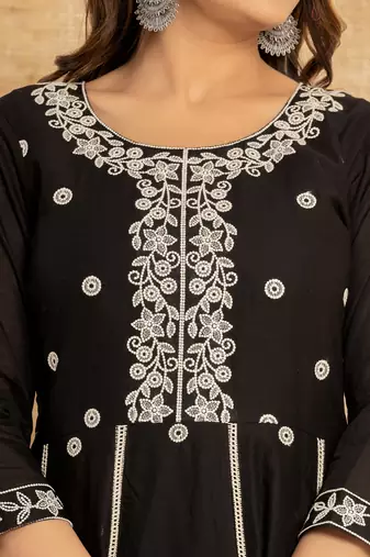  black cotton embroidered kurta set with dupatta set