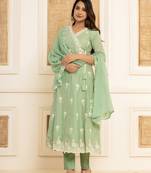  sea green cotton embroidered kurta set with dupatta set