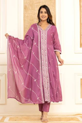  purple cotton embroidered kurta set with dupatta