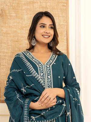  teal blue cotton embroidered kurta set with dupatta 1