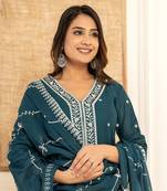  teal blue cotton embroidered kurta set with dupatta