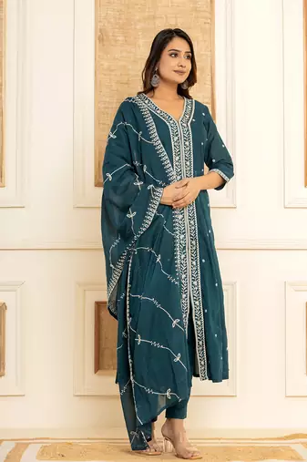  teal blue cotton embroidered kurta set with dupatta