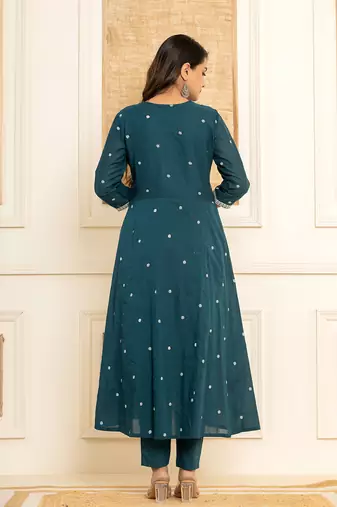  teal blue cotton embroidered kurta set with dupatta