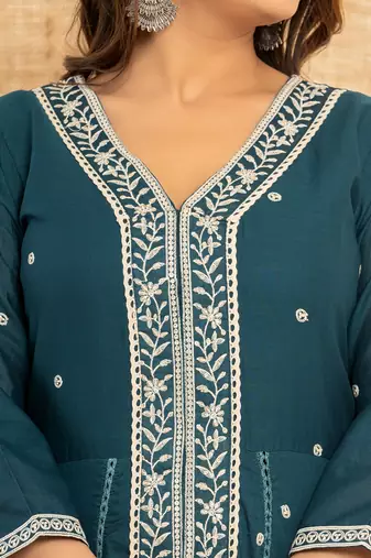  teal blue cotton embroidered kurta set with dupatta