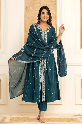  teal blue cotton embroidered kurta set with dupatta