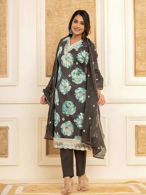  black floral print cotton straight side slits suit set 1