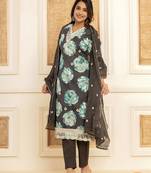  black floral print cotton straight side slits suit set