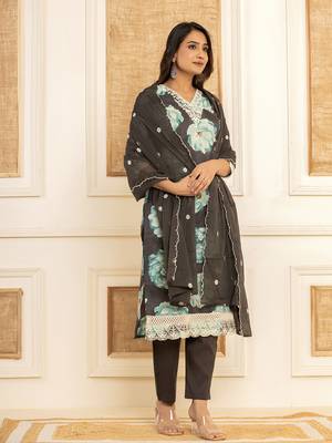  black floral print cotton straight side slits suit set 2