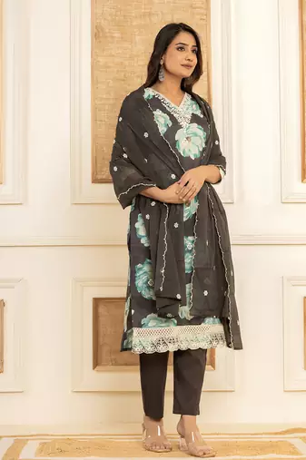  black floral print cotton straight side slits suit set