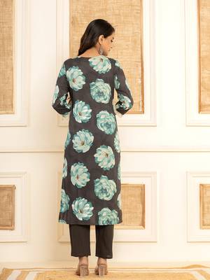  black floral print cotton straight side slits suit set 3